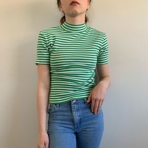 Vintage 80s Short Sleeve Mock Green Stripe Blouse